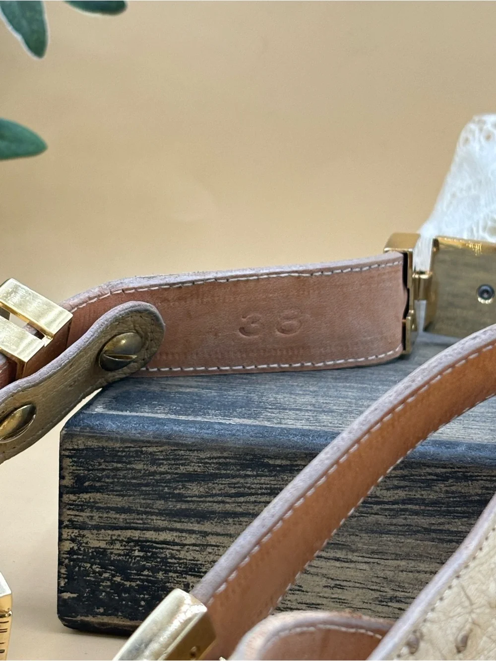 Genuine Beige Ostrich Leather Belt with Gold Hardwares